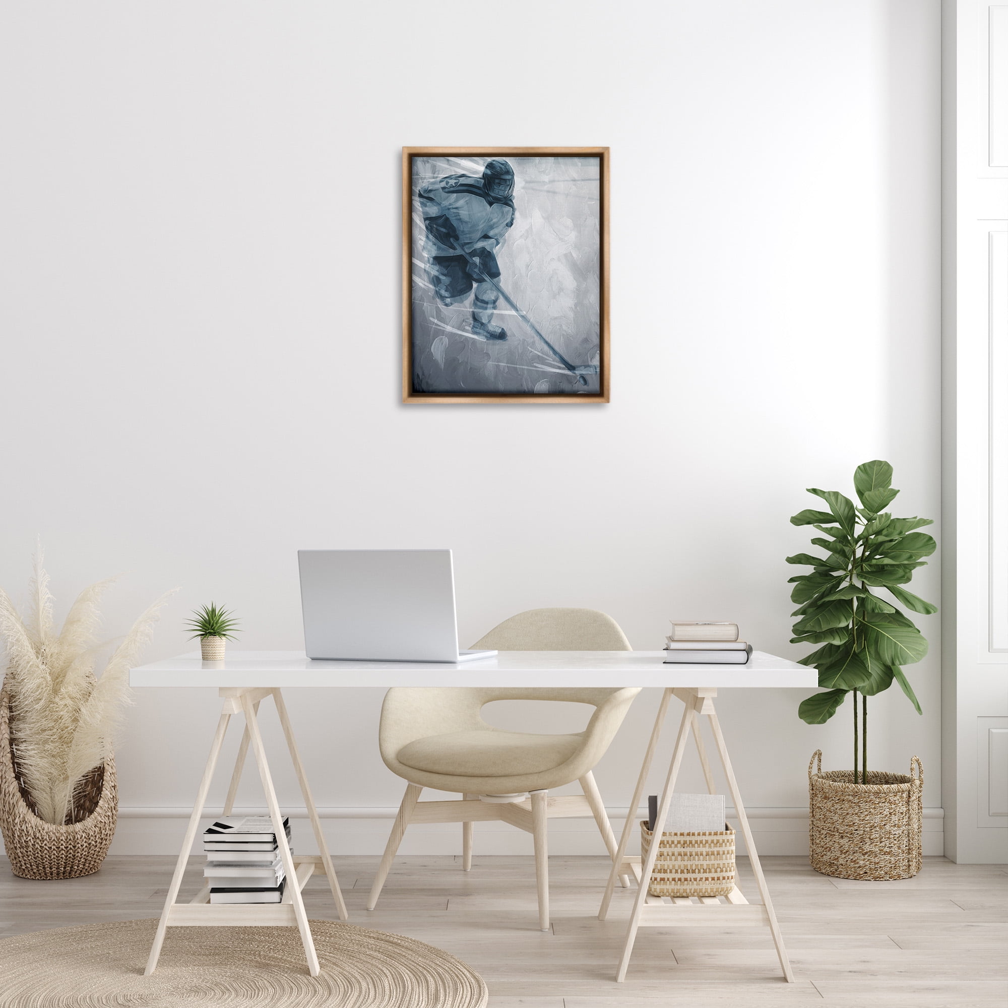 Stupell Industries Hockey Player on Ice Sports Painting Brown Floater Framed Canvas Art Print Wall Art, 25 x 31