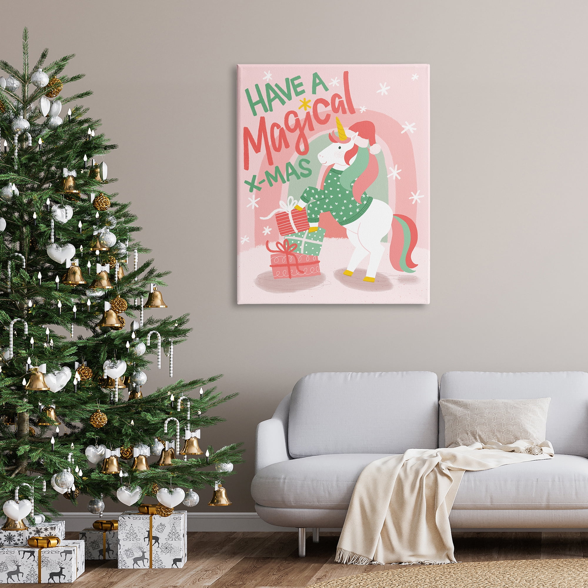 Magical X-Mas Pink Unicorn Rainbow Holiday Gifts Fairy Tales & Fantasy Graphic Art Gallery-Wrapped Canvas Print Wall Art