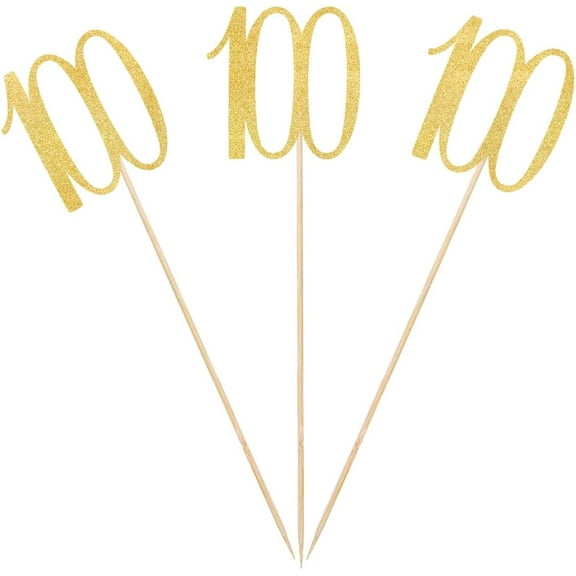 Gold Glitter 100th Birthday Centerpiece Sticks, 12-Pack Number 100 Table Topper Anniversary Party Decorations