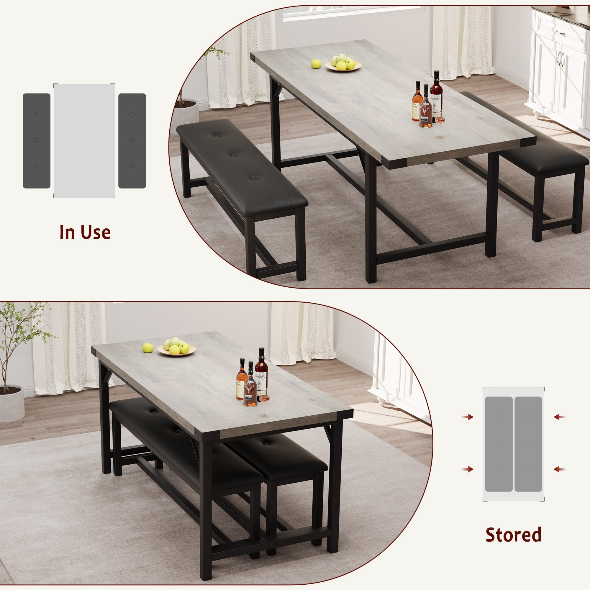 Extendable Dining Table Set for 4 to 6 People, Industrial Wood Table with 2 Upholstered Benches, Metal Corner Protectors for Small Space Apartment