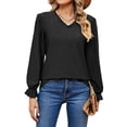 thumbnail image 3 of Hibeli Women Lace Trim V Neck Puff Long Sleeve Eyelet Solid Color Tops, 3 of 7
