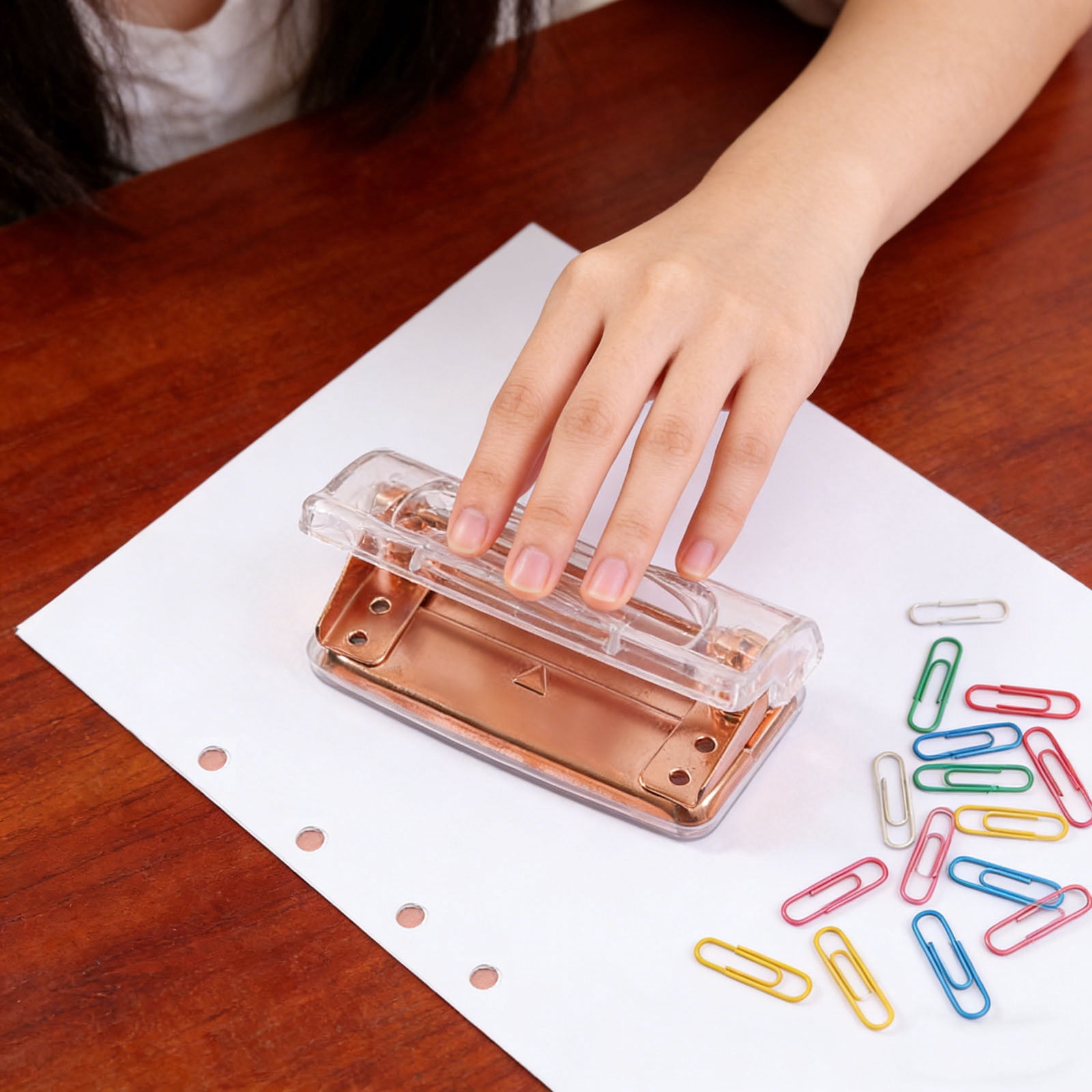 1-5PC Rose Gold Two Hole Puncher Clear 2 Holes Paper Punch Compact Portable 3.94x2.13x1.77 Inch Ergonomic Office Desktop Accessory for Home DIY Crafts Planner