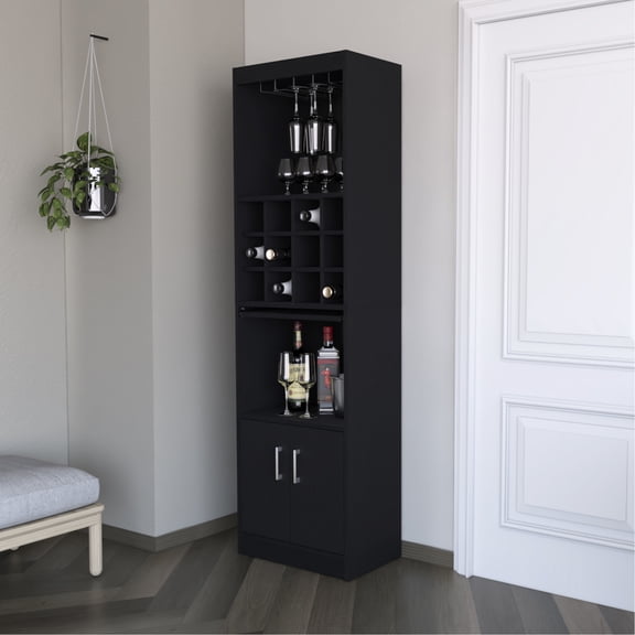 Bar Cabinet With Wine Storage - Elegant For Home. Engineered Wood, Black, Ample Space, Modern Design Versatile Home Cabinet. Multiple Shelves, Contemporary