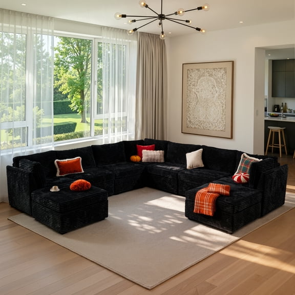 Ovios 130" Modular Sectional Sofa G Shaped Couch with Ottoman 9-Seater Extra Deep Seat Convertible Cloud Couches for Living Room, Black