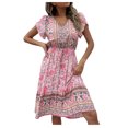 thumbnail image 2 of Summer Saving Wycnly Womens Dresses Beach Vacation Vintage Bohemian Elastic Waist Flowy Swing A Line Dresses Summer Floral Print V-Neck Short Sleeve Formal Midi Dress Pink XL, 2 of 5