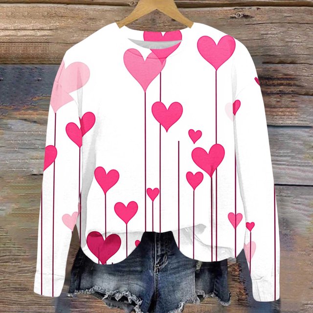 Jsaierl Chandails en Molleton pour Femmes Saint-Valentin Mignons Imprimé Cœur Chandails en Molleton Tendance Chandail Col Rond Décontracté Manches Longues pour Femmes