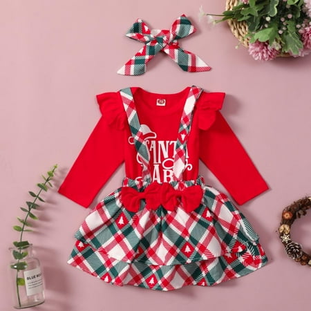 

Newborn Baby Girl Clothes Infant Christmas Outfit Skirt Set Long Sleeve Ruffle Romper Plaid Suspender Skirt Overall 12-18 Months