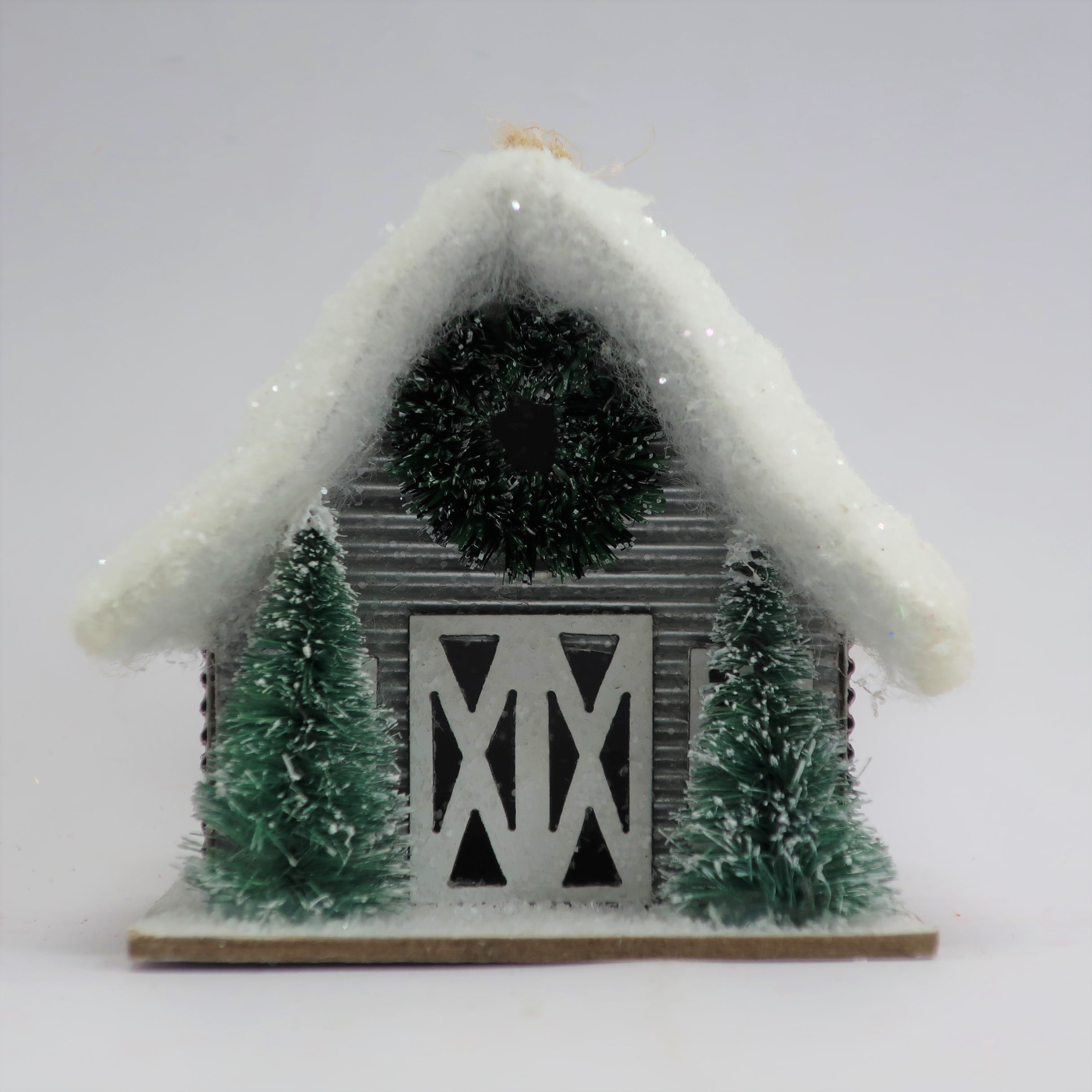 Holiday Time Silver Barn / Trees And Wreath Ornament.