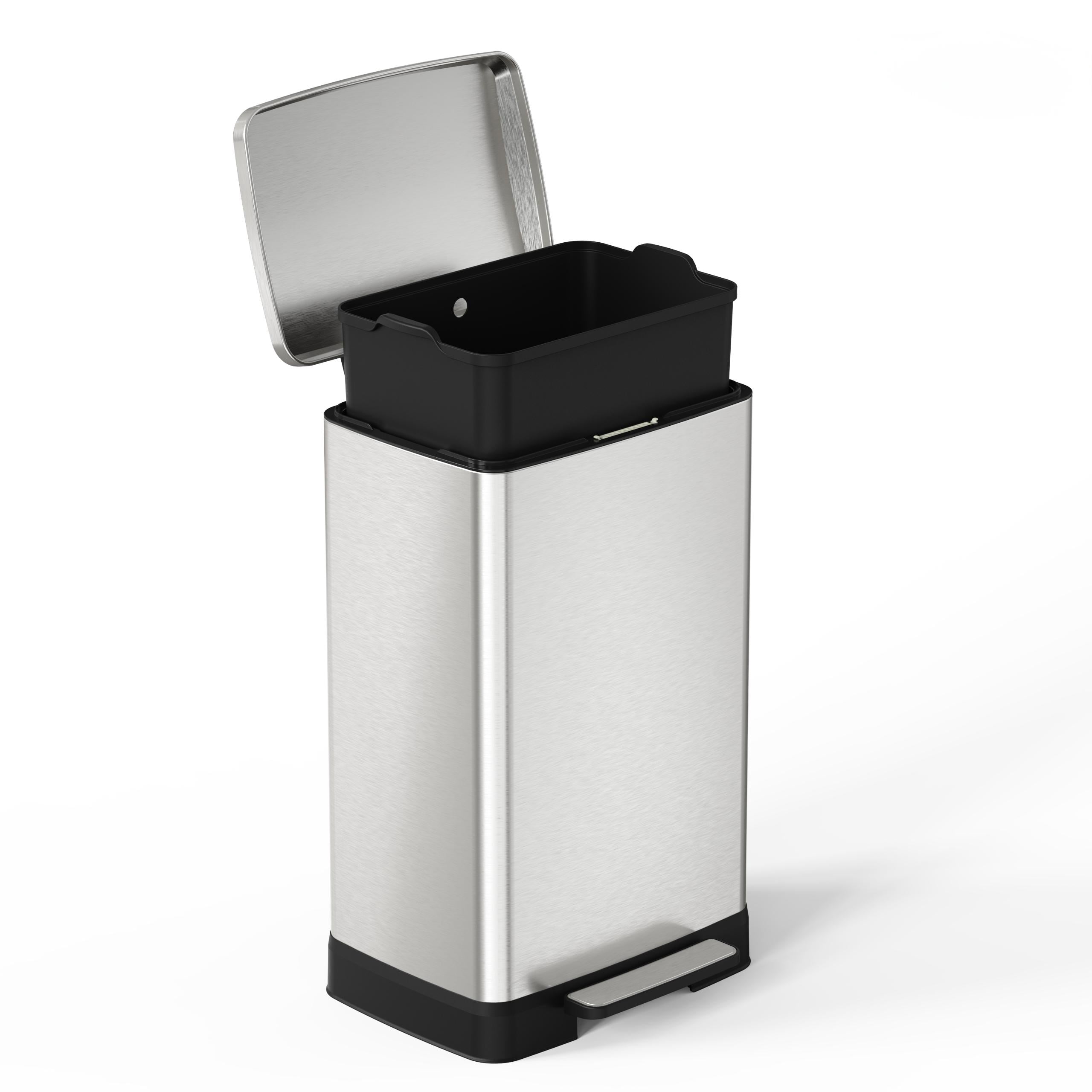 Stainless Steel Step Trash Can 14.5 Gallon Brushed Nickel Hands-Free with Removable Inner Bucket for Kitchen Bathroom
