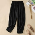 thumbnail image 4 of VERUGU Casual Pants for Women Solid Drawstring Summer Trendy Pants Elastic Waist Straight Leg Baggy Comfort Trousers with Pocket Cotton Linen Side Embroidery Loose Long Slack Black XXL, 4 of 5