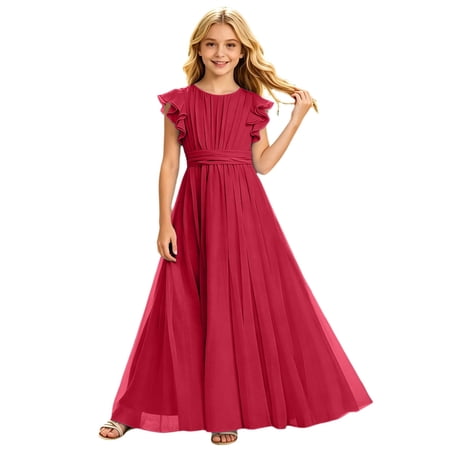 Curuila Infant Kids Girls Maxi Dress Solid Color Crew Neck Flutter Sleeve Summer Lightweight Comfortnable Dresses Red Size 2-3 Years