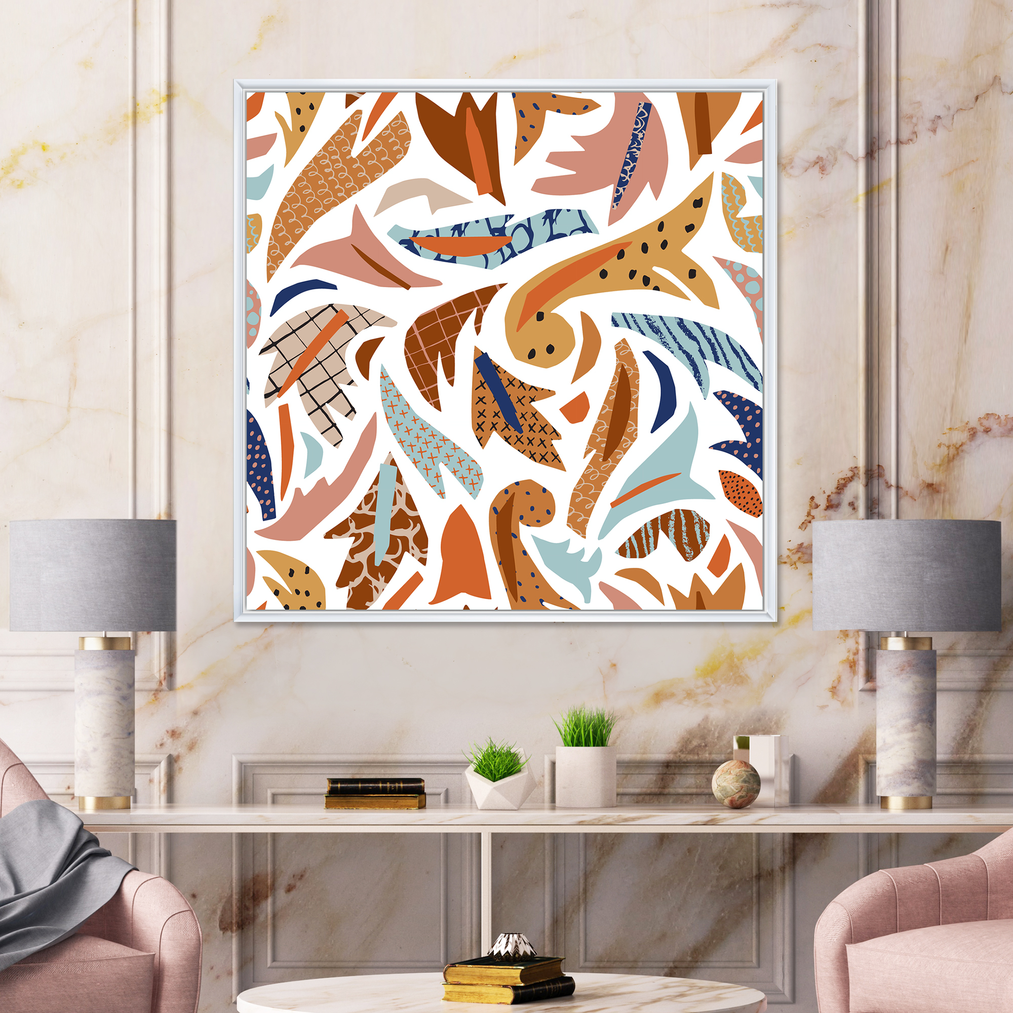 Designart 'Baroque Inspired Stylized Doodles Shapes' Bohemian & Eclectic Framed Canvas Wall Art Print