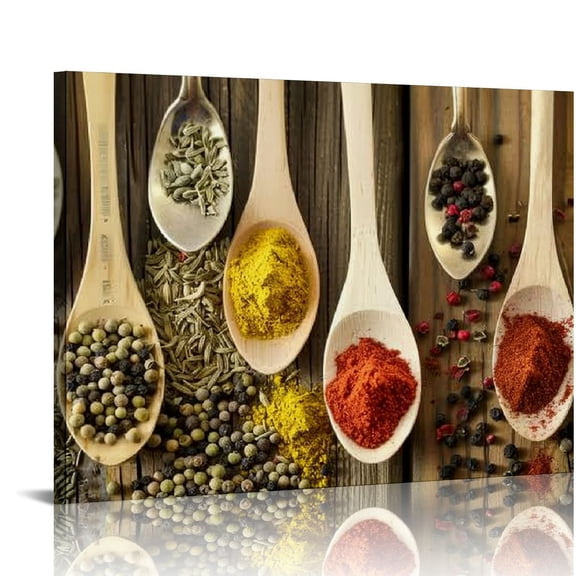 Shiartex kitchen decor Colorful Spices In Wooden Spoons beautiful kitchen Wall Art Painting Canvas Prints Ready to Hang for kitchen Wall Decor Home Decoration 20x16 in/16x12 in