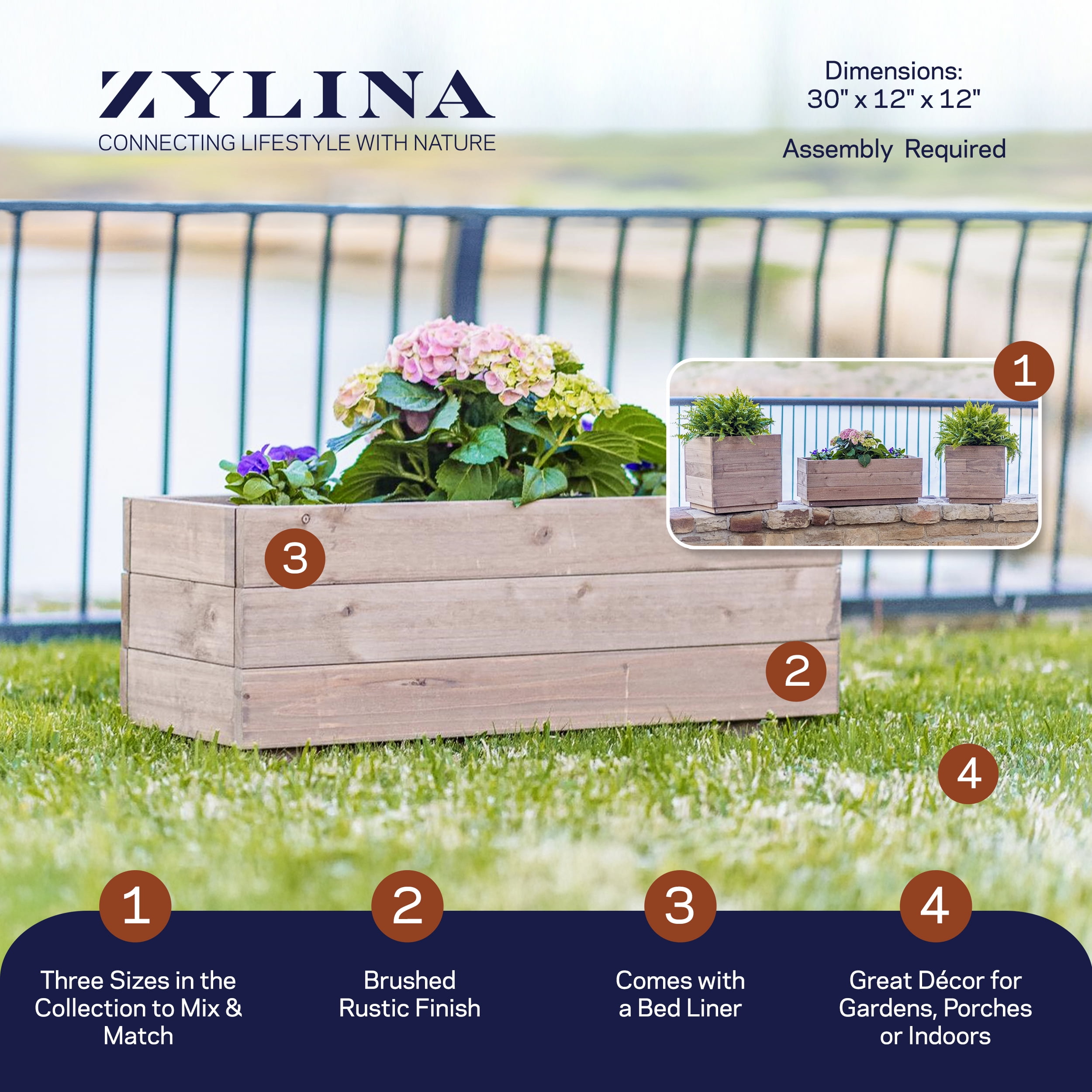 Zylina Modern Indoor/Outdoor Trough Planter Collection - Long 30" X 12" X 12" for Patios, Decks, Atriums, Balconies and Indoor Rooms