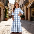thumbnail image 5 of LJEFF Girls Dress with Pocket, Plaid Flowy Tiered Skirt 3/4 sleeves Crew Neck Casual Dresses for Kids Light Blue Size 6 Years, 5 of 7