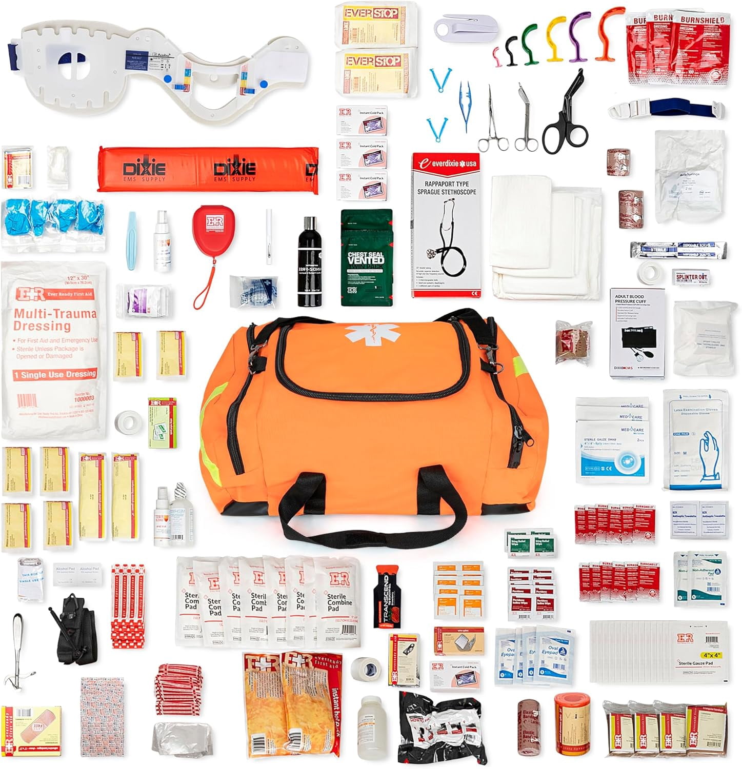 Ever Ready First Aid Filled Large Medic First Responder EMT Trauma Bag, Stocked First Aid Trauma Kit (Orange)