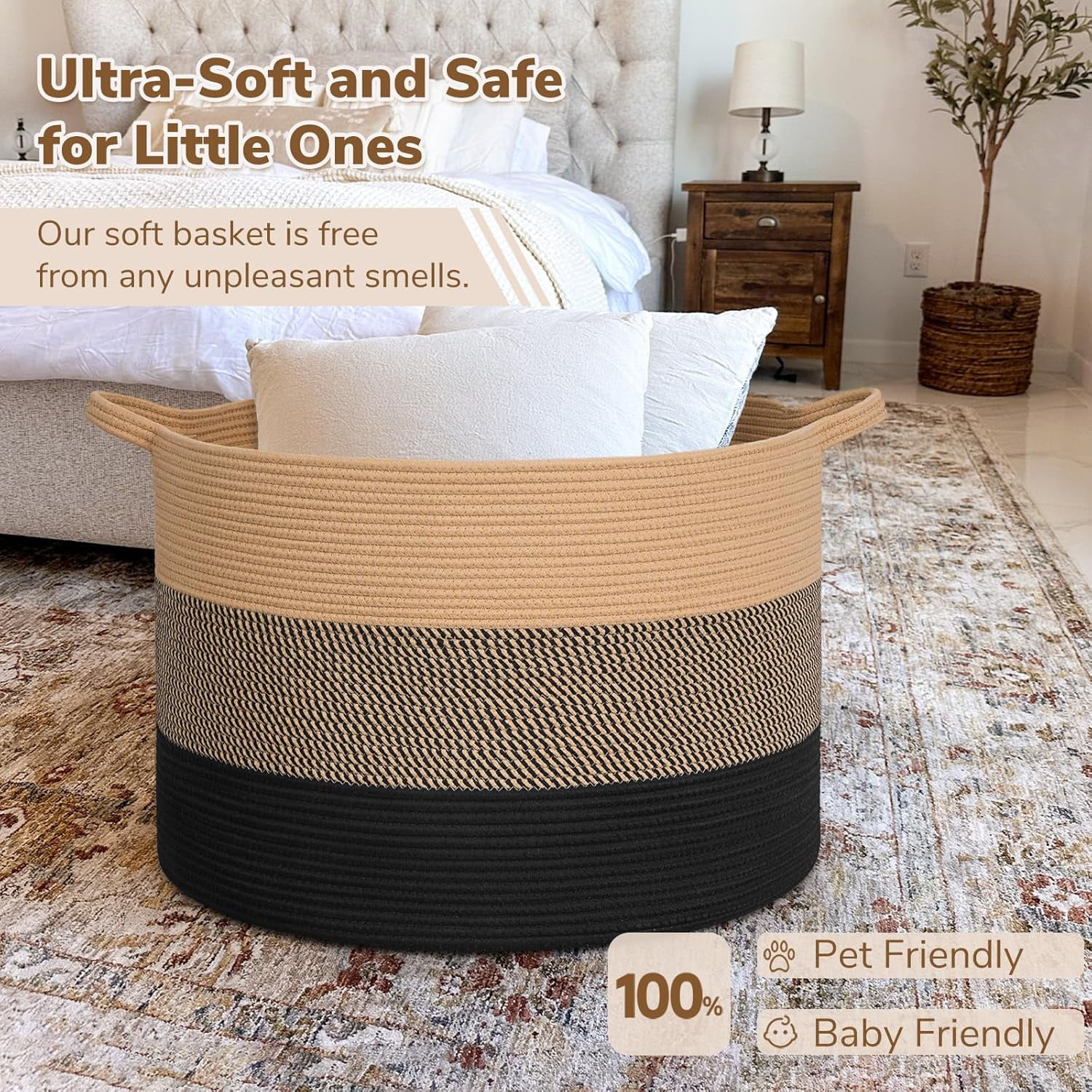 UniMall 115L Extra Large Blanket Basket for Apartment Décor, Woven Baby Laundry Hamper Shoe Basekts for Entryway, Wicker Storage Basket for Organizing, Camel Mix & Black