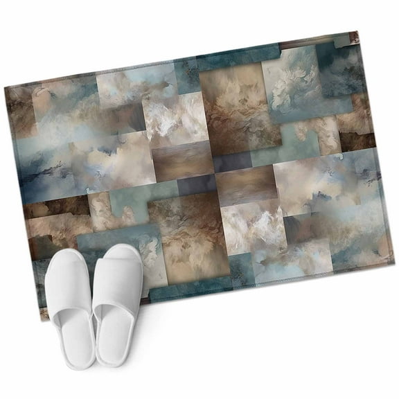 Blue Brown Geometric Bathroom Mat 2x3 FT, Non Slip Small Kitchen Mat, Modern Ombre Abstract Art Washable Soft Backed Front Door Throw Rug Non-Shedding Indoor Outdoor Doormat for Entryway Sink
