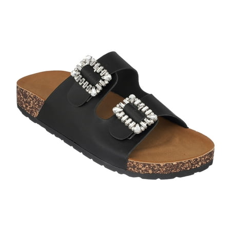 

GC Shoes Women s Cork Platform Footbed Sandals Casual Summer Comfort Slides Two Buckle Strap Slip Ons Claudia/Black/6.5