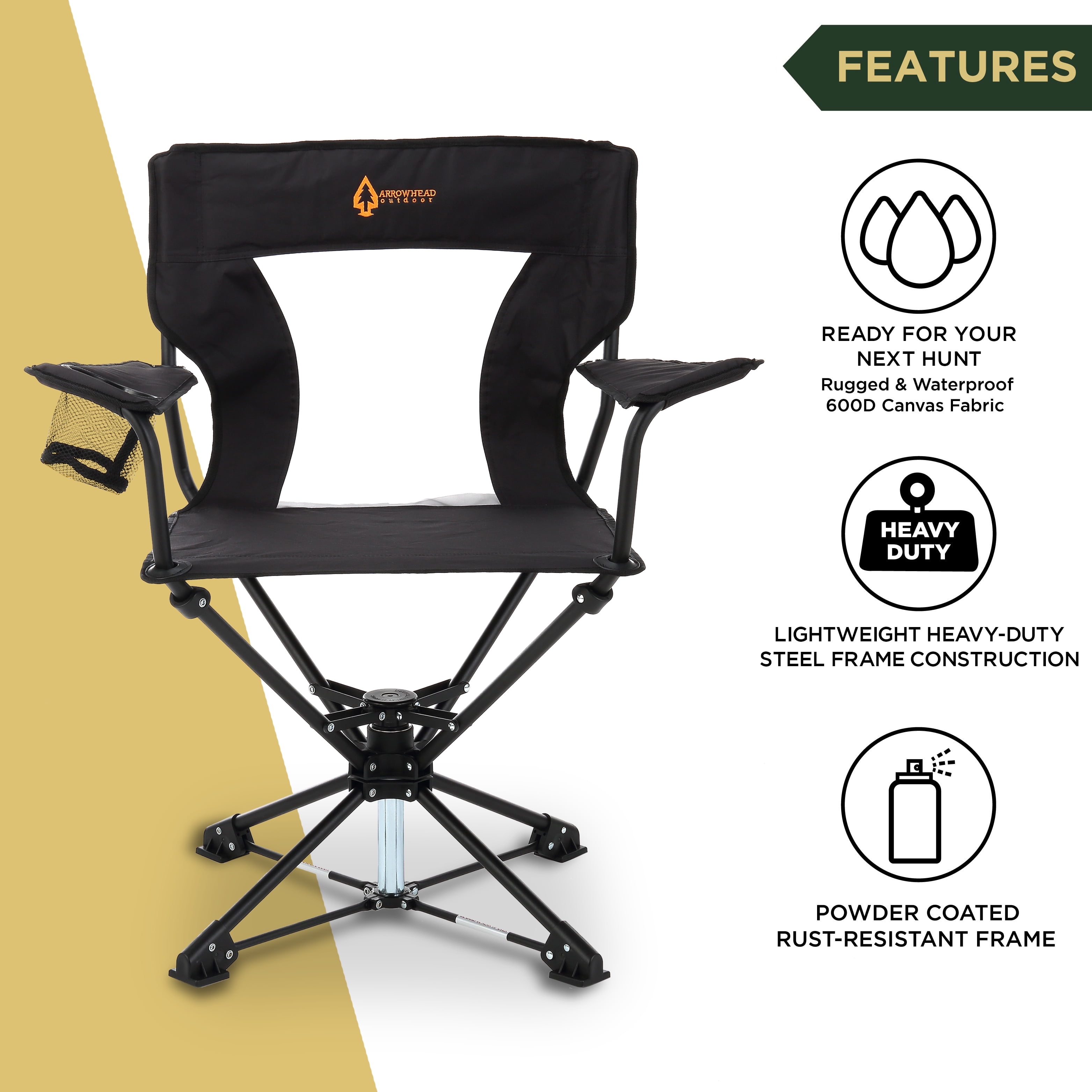 ARROWHEAD OUTDOOR 360° Degree Swivel Hunting Chair w/ Armrests, Perfect for  Blinds, No Sink Feet, Supports up to 450lbs, Carrying Case, Steel Frame