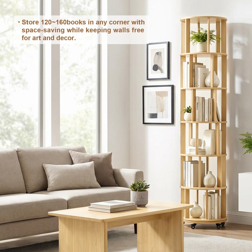 6-Tier Rotating Bookshelf, Solid Wood Spinning Bookcase Tower with Locking Wheels, 360° Display Round Bookshelf for Small Spaces, Natuarl