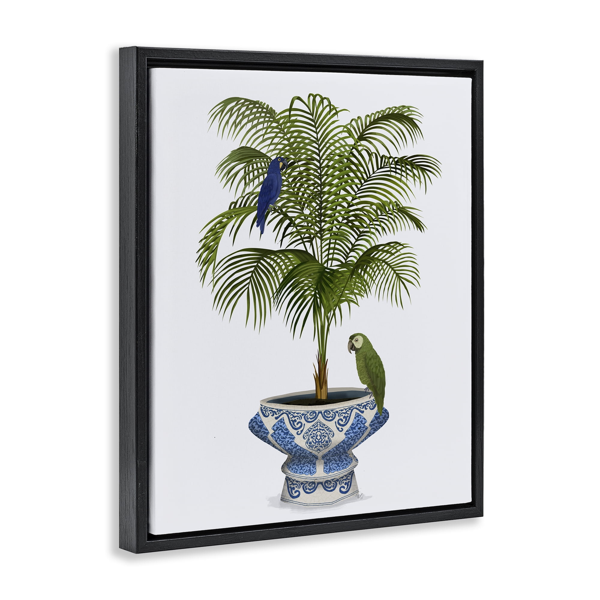 Stupell Industries Parrots on Ornate Planter Botanical & Floral Painting Black Floater Framed Canvas Art Print Wall Art, 17 x 21