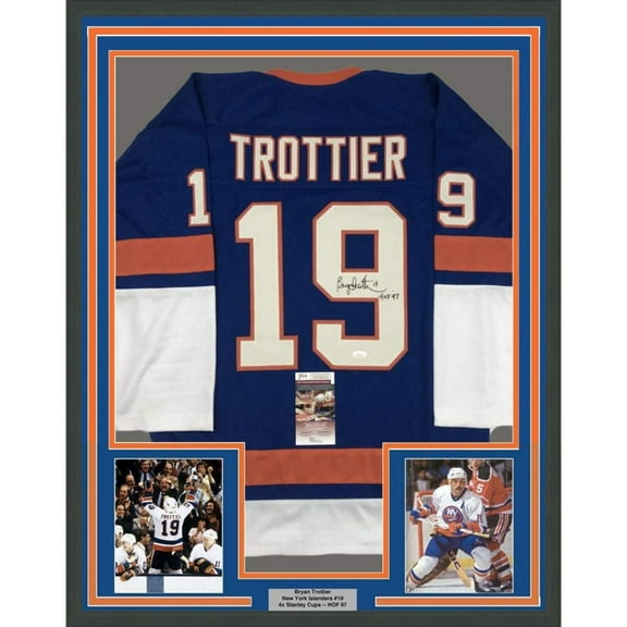 Framed Autographed/Signed Bryan Trottier HOF 97 35x39 New York Blue Hockey Jersey JSA COA