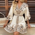 thumbnail image 5 of WTOBBY Women's Fashion Floral Print V-Neck 3/4 Sleeve Tie Waist Dress, Casual Midi Dress with Flattering Silhouette for Day to Night Transition,Beige L, 5 of 6