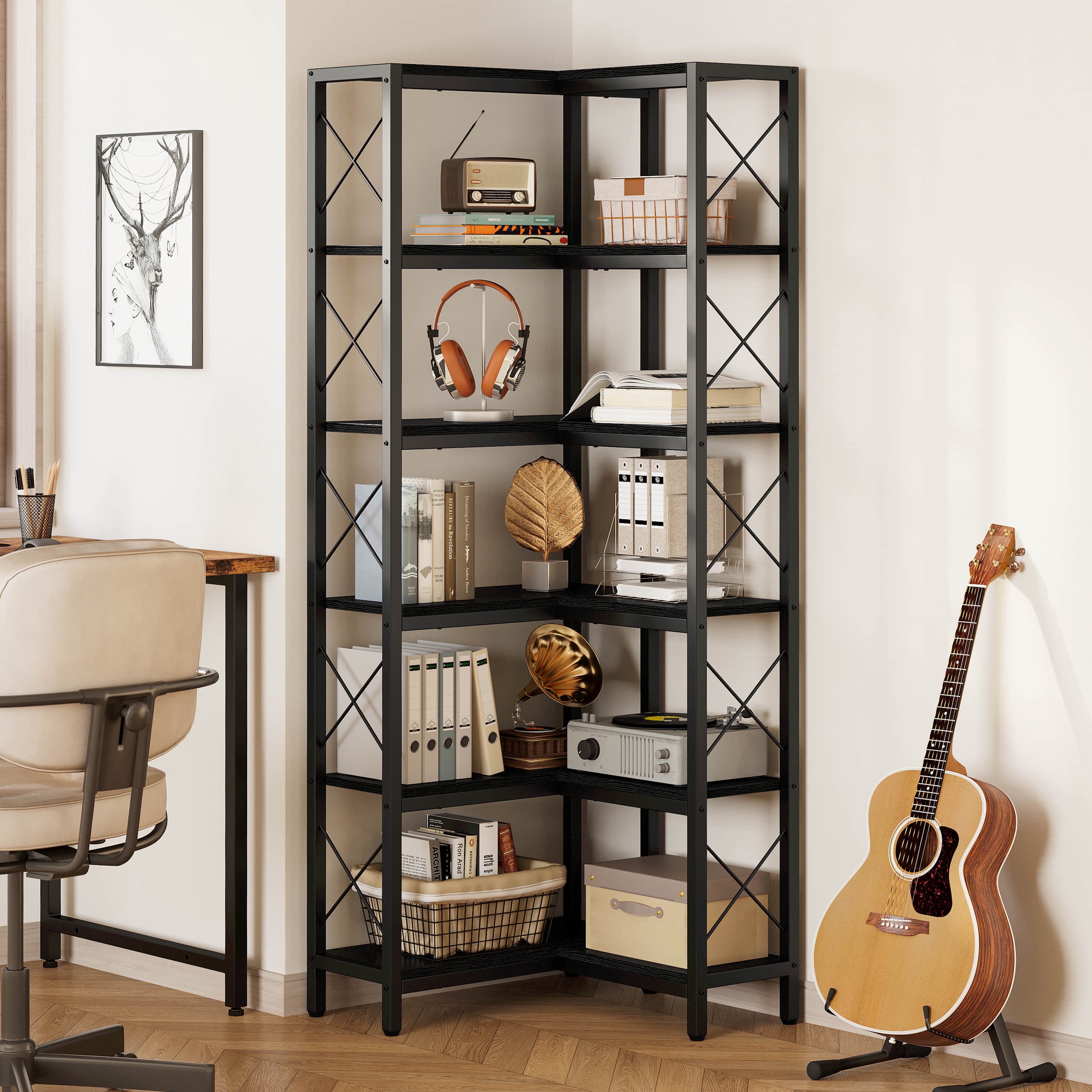 IRONCK 6-Tier Corner Shelf, Industrial L-shaped Display Bookshelf, Freestanding Bookcase for Living Room Home Office, Black