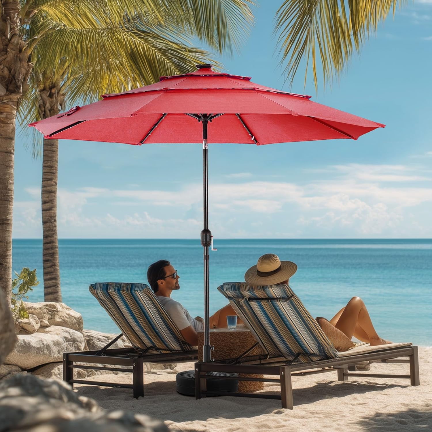9.2' Outdoor Patio Umbrella with LED Lights, Umbrella with 8 Sturdy Ribs for Outdoor Table, Yard, Market, Push Button Tilt and Crank, Red