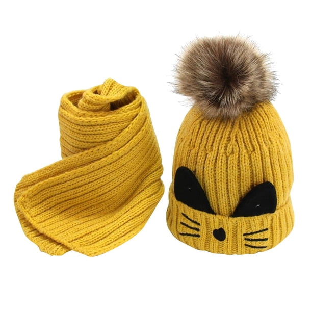 Conjunto de gorro y bufanda para bebé, gorros de invierno cálidos de punto doble con pompón para niños y niñas Amarillo