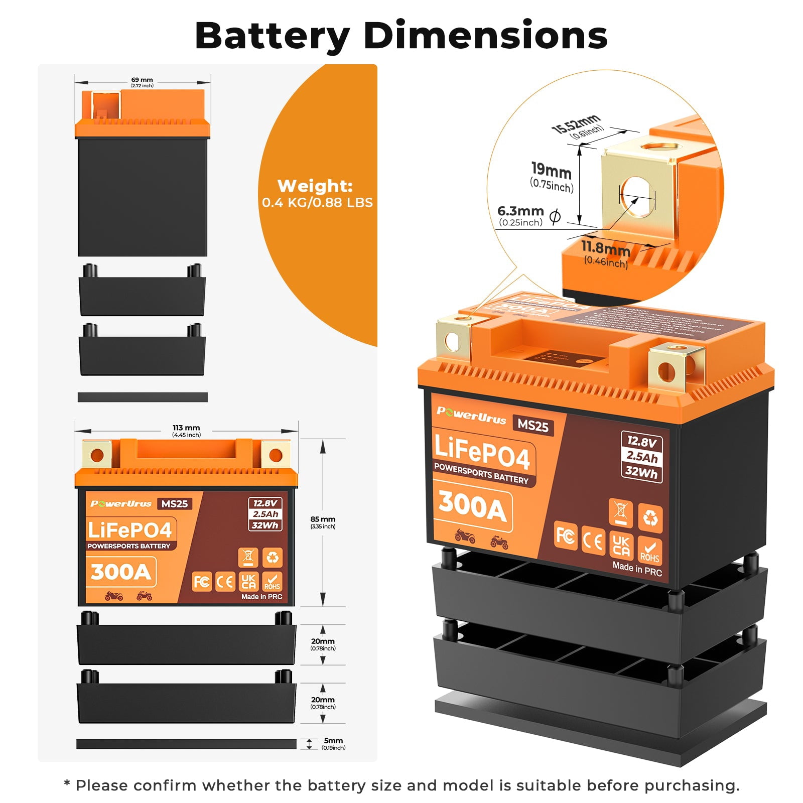 Lithium Motorcycle Battery, PowerUrus 300A Lithium LiFePO4 Motorcycle Battery, 12V 2.5Ah Powersports battery, ATV, UTV, Jet Ski, Quad, Lawn Mower, Tractor, Scooter Batteries