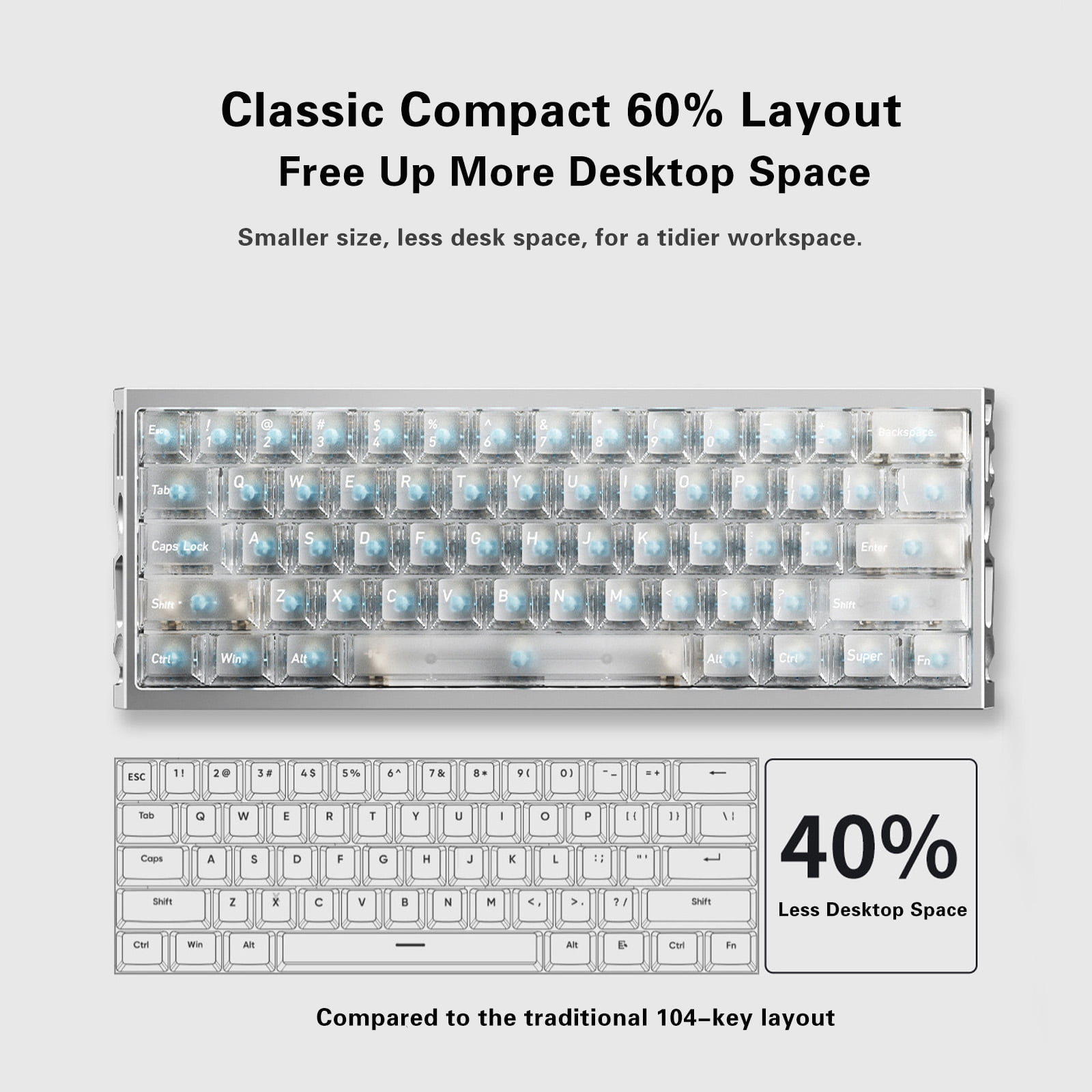 ITIGOITIE Mechanical Gaming Keyboard, Silver Transparent Case, 60% Layout, Multi-Color RGB LED Backlit, 61 Keys Wired Keyboard, For Gamer