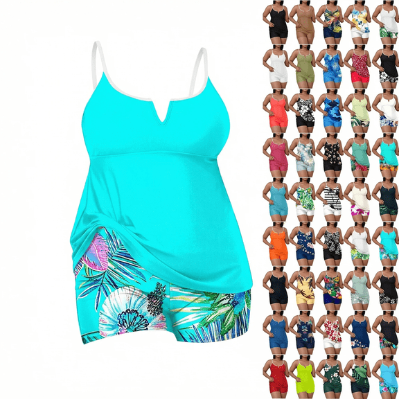 Gymvis Women's Floral Print Two-piece Swimsuit Set with Built-in Bra and No Underwire, Conservative, Plus Size, Tummy Control, Flat-leg Skirt Style for Swimming