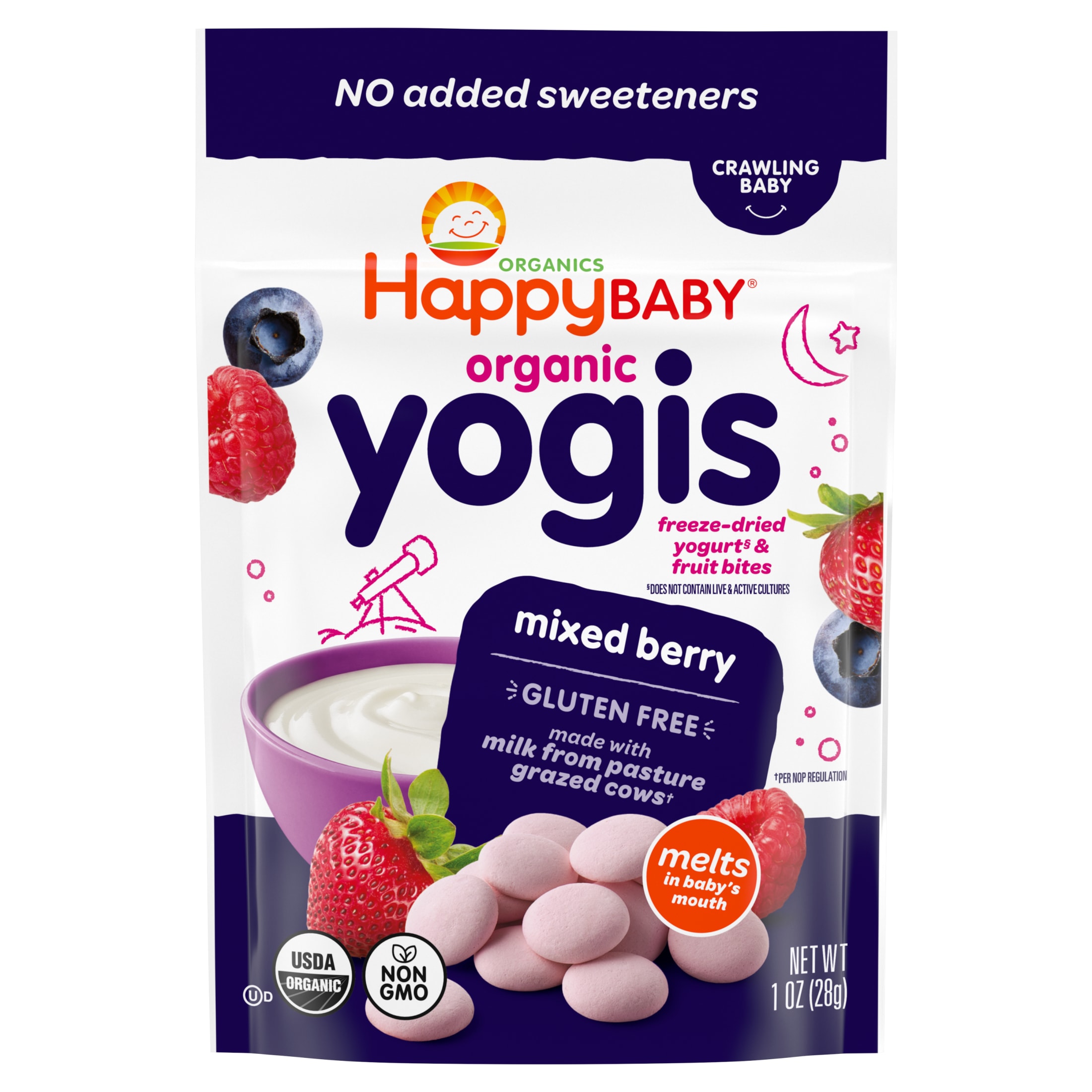 Happy Baby Yogis, Freeze-Dried Baby Snack, Mixed Berry & Yogurt Organic, 1 oz Bag