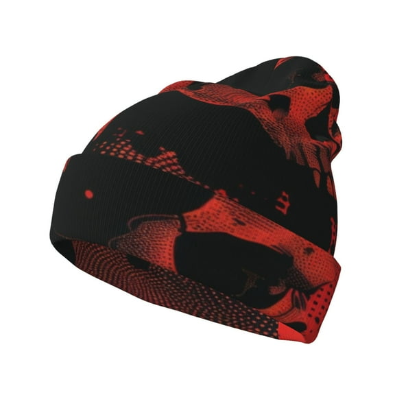 Hirioo Red And Black Abstract Skull for Men's Knit Cuffed Beanie for Outdoor Activities Unisex