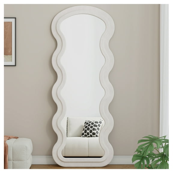 Flannel Full Length Floor Mirror - Wavy Bedroom Mirror, White Frame - Standing or Hanging, Living Room, Dressing Room, Irregular Design White   Metal Synthetic Wood Mirror