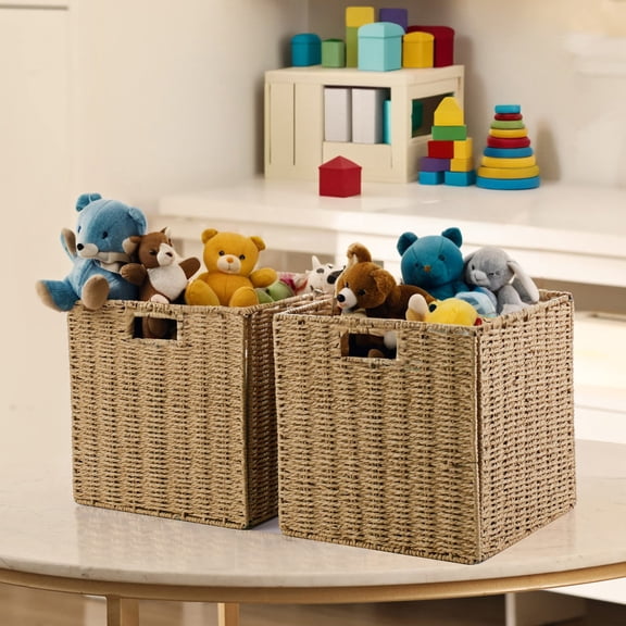 PinkSheep Water Hyacinth Storage Baskets, Collapsible Wicker Woven Cubes Baskets Organizer Bins, 12" x 12", 2 Pack