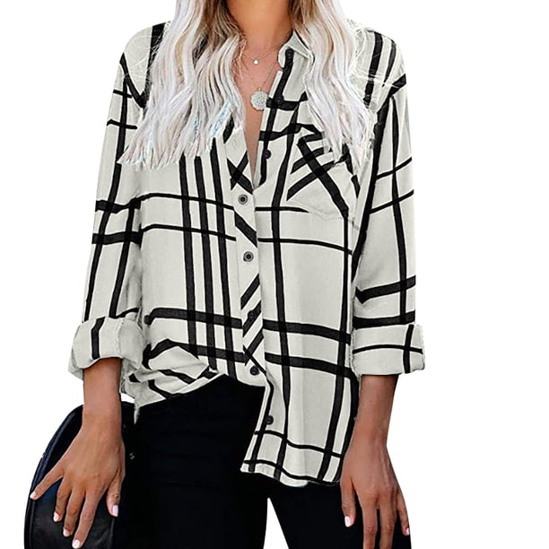 Puntoco Blusa con estampado de cuadros de manga larga con botones sueltos para mujer Puntoco Puntoco-4628