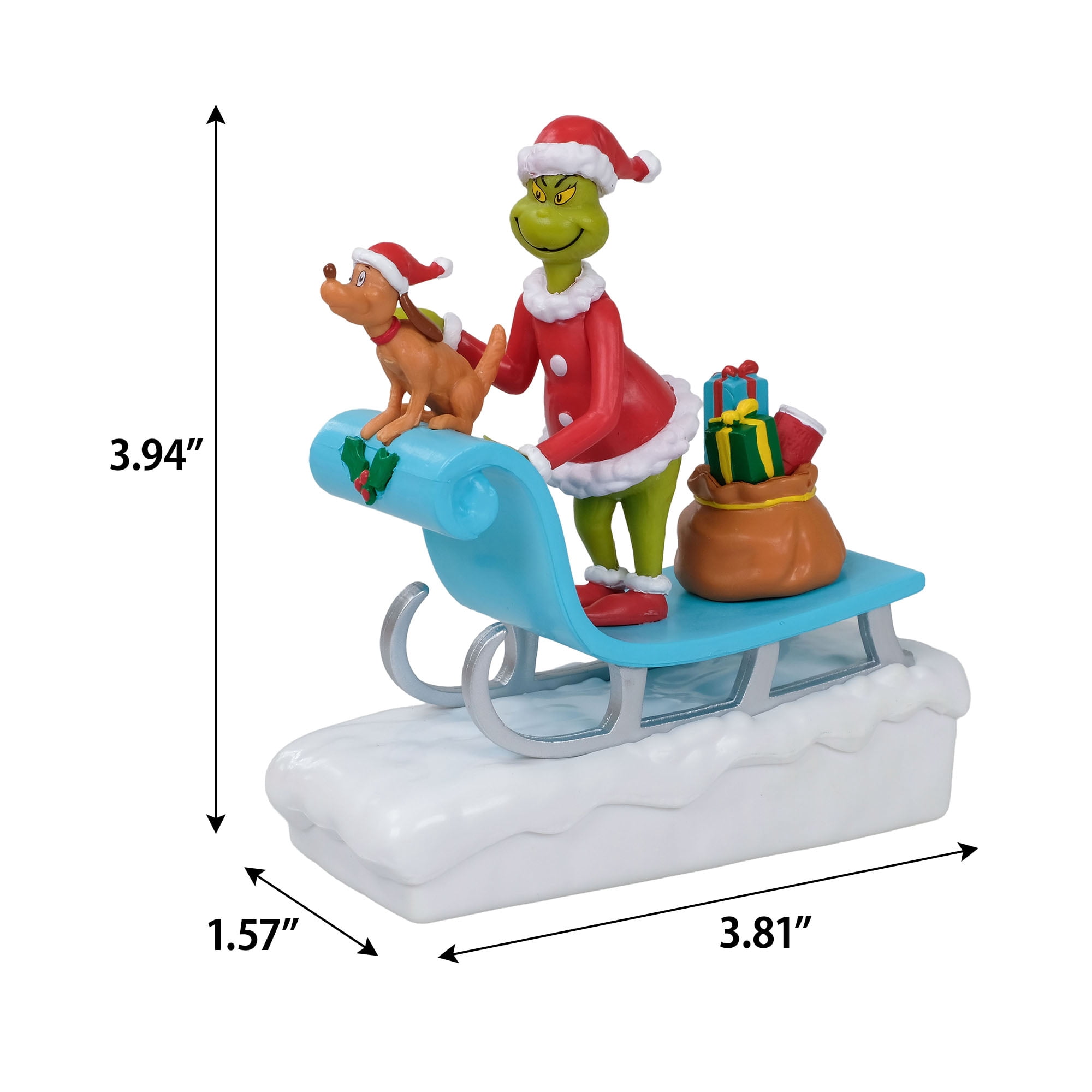 Dr. Seuss The Grinch Santa Sleigh Tabletop Christmas Figurine with Max and Gift Sack