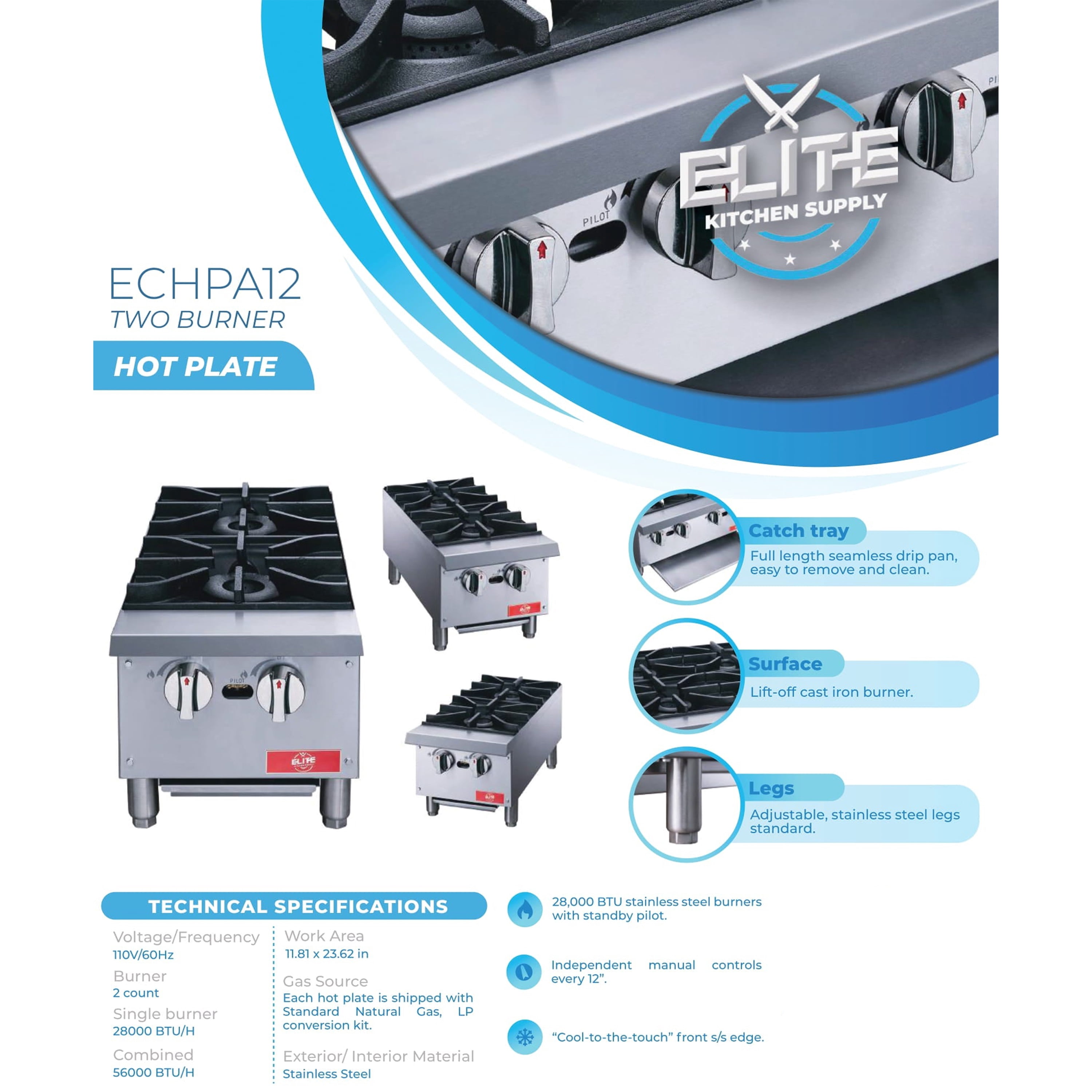 12 in. Commercial 2-Burner Hot Plate Natural Gas w/ Liquid Propane Kit, NSF Certified