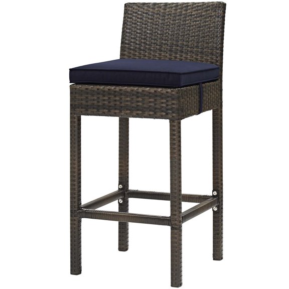 Modern Contemporary Urban Design Outdoor Patio Balcony Garden Furniture Bar Side Stool Chair, Rattan Wicker, Navy Blue Brown