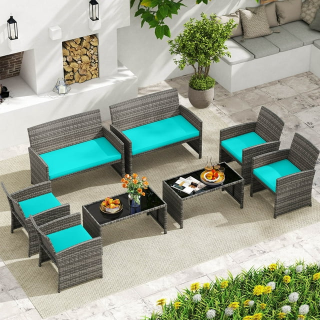 Costway 8 PCS Patio Conversation Set with Seat Cushions & Tempered Glass Tabletop, Outdoor Turquoise + Gray