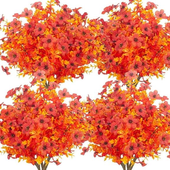 10 Bundles Artificial Fall Flowers UV Resistant Fake Flowers No Fade Faux Plants Autumn Decorations for Thanksgiving Home Kitchen Room Garden Porch Window Box Farmhouse Indoor Outdoor Fall Red
