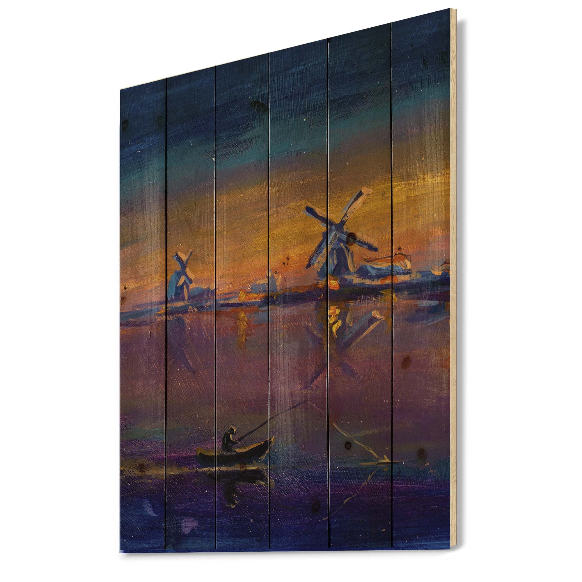 Designart 'Evening Fishing Near The Traditional Windmill' Nautical & Coastal Print on Natural Pine Wood