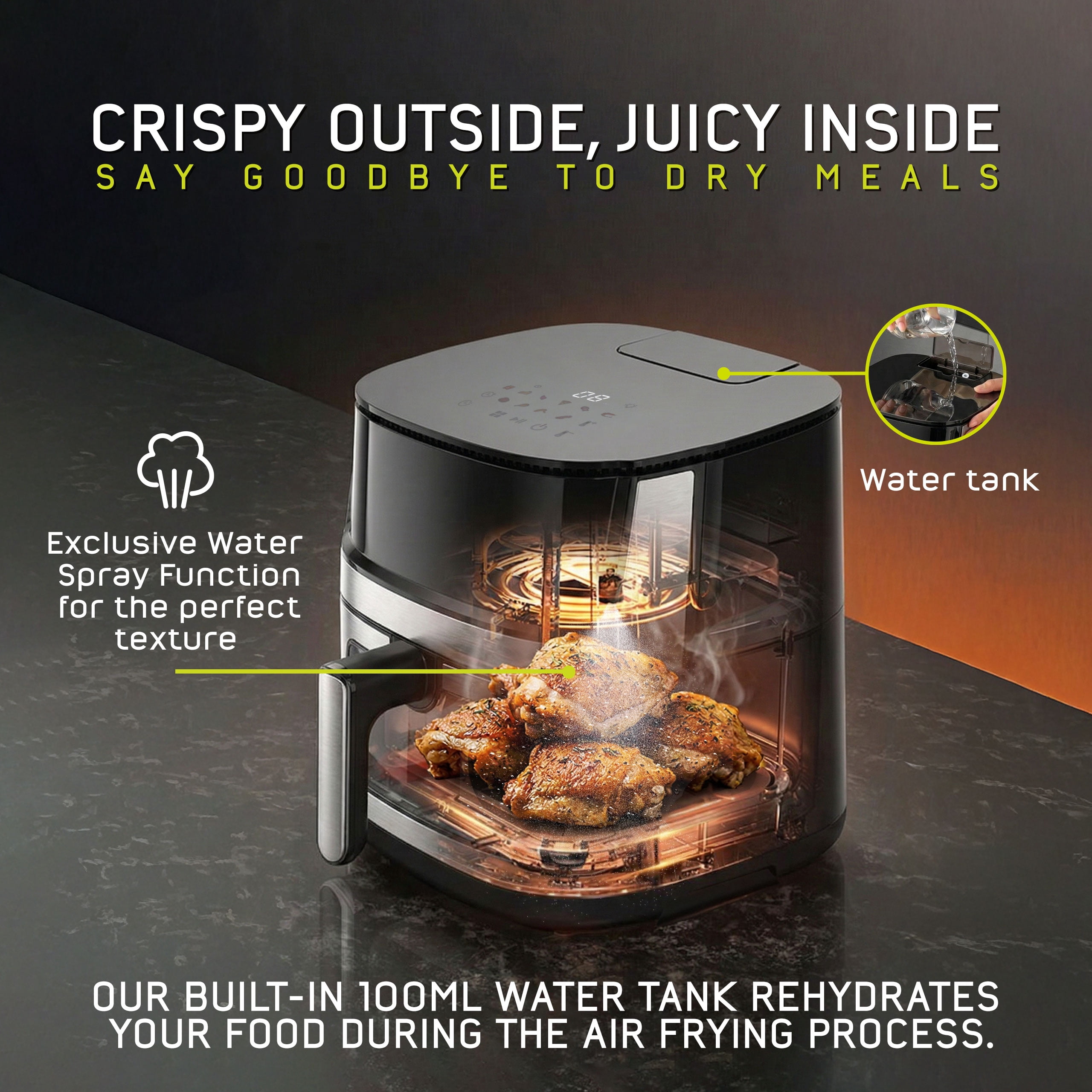 Universal (6.5 QT) Large Air Fryer with Moisture Spray—Crispy Outside, Juicy Inside, Stainless Steel Digital Air Fryer, 10 Presets, Dual Window, Easy Clean, Black