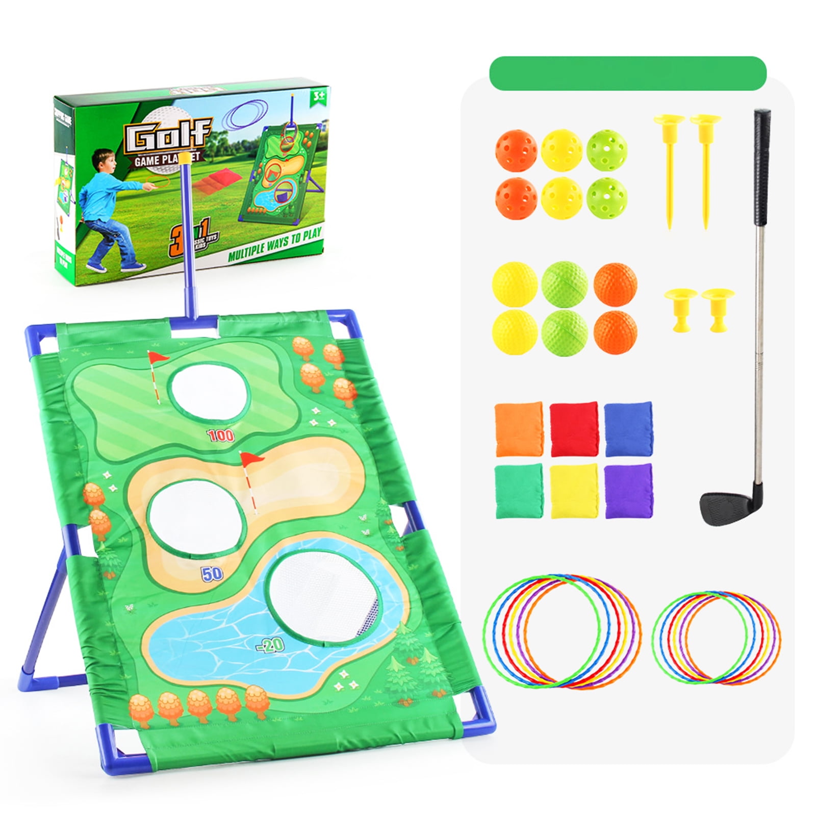 3-In-1Kid Golf Game Play Set,,Cornhole Game, Ring Toss Game,Outdoor Lawn Games Golf Set for Adults & Family, Multiple People Fun Golf Game for Beach, Party, Gift For Kids Gifts Birthday Christmas