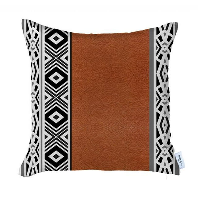 HomeRoots 399585 Rustic Brown Faux Leather Geometric Throw Pillow, Multi Color