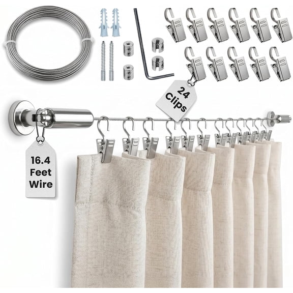 HANZE Curtain Wire Rod Set 16.4 ft Stainless Steel Rod Set with 24 Clips