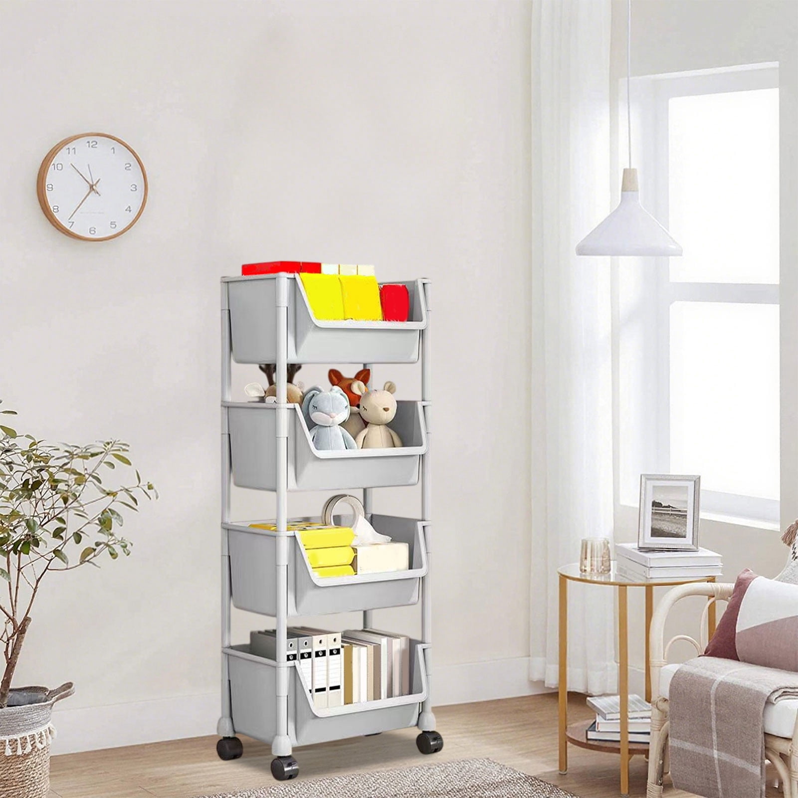 Mobile Under Desk Storage Cart, Rolling Desk Organizer, Multi-Tier Plastic Storage Shelf, Dormitory Bookcase, Multi-Functional Stationery Storage Rack for Home Office, Gray